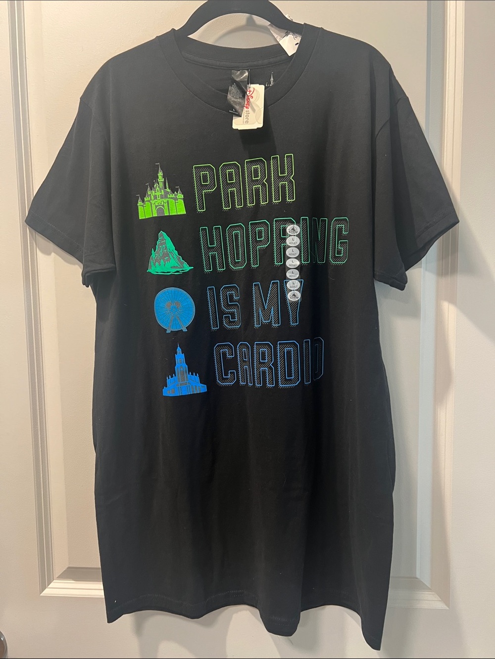 Disney Store Black Graphic Tee "Park Hopping Is My Cardio" - Neon Green & Blue